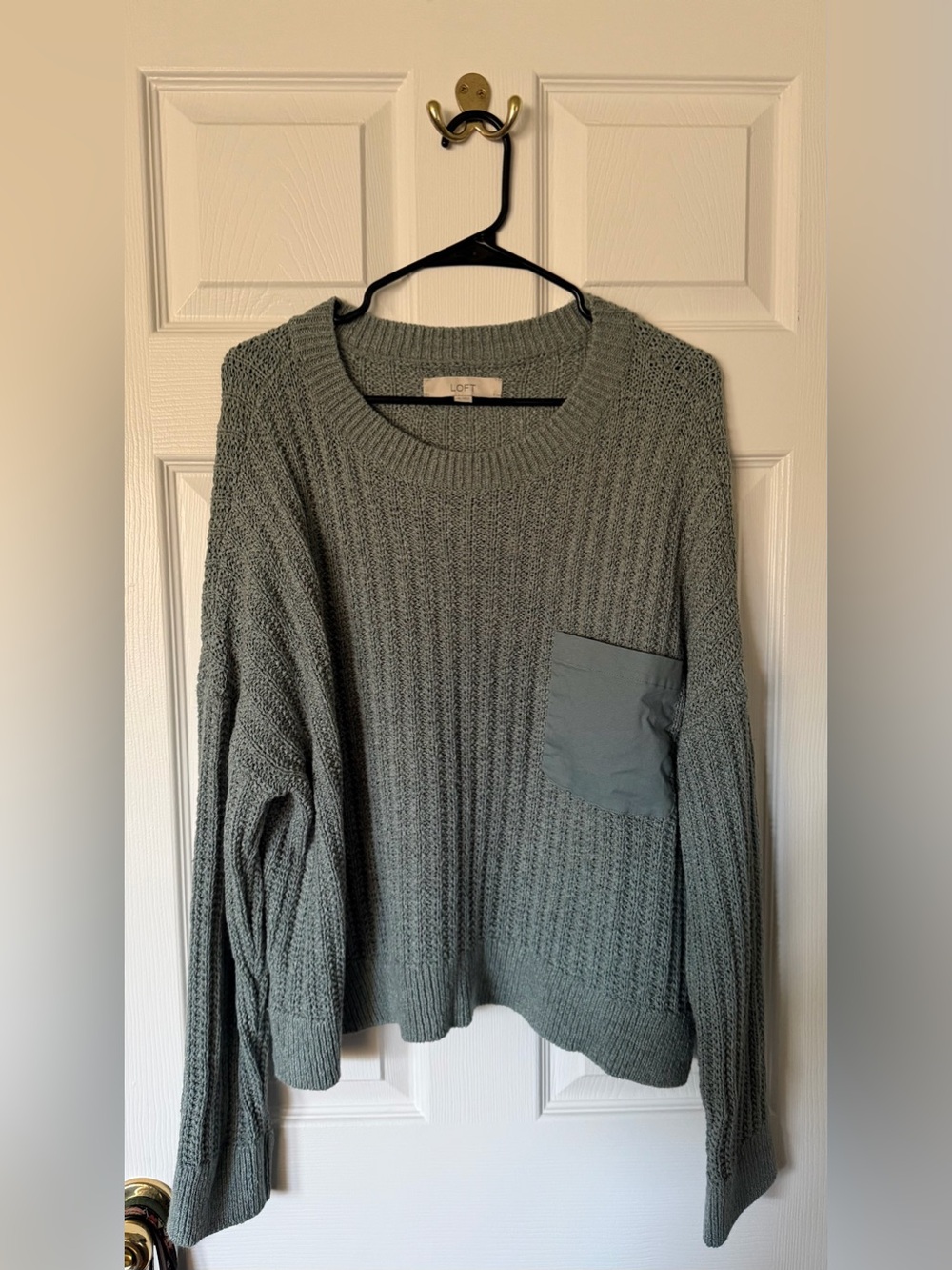 LOFT Sage Green Waffle-Knit Crewneck Sweater with Chest Patch Pocket